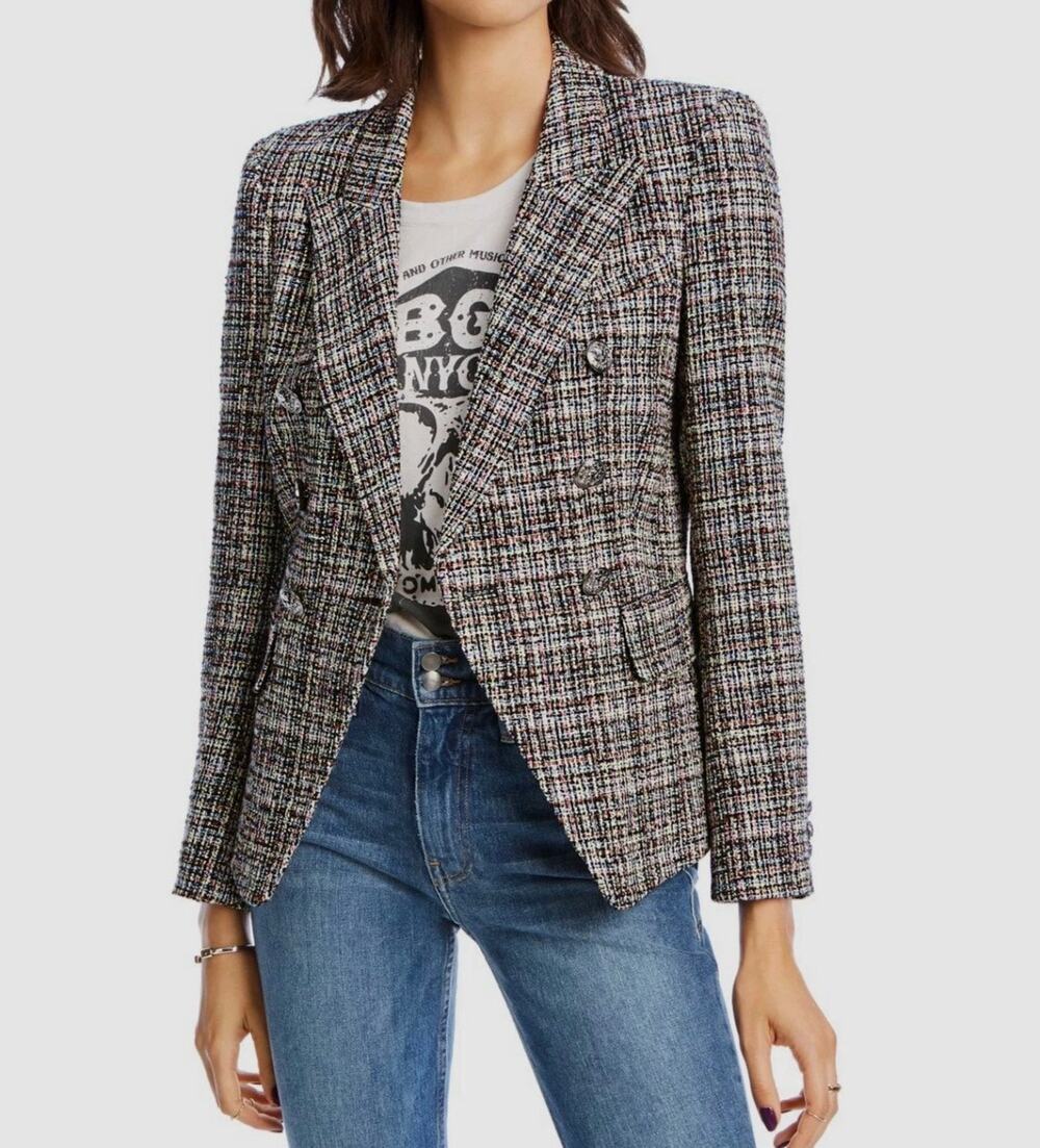 LINI Women's Black McKenzie Tweed Double-Breasted Jacket Blazer Size 8